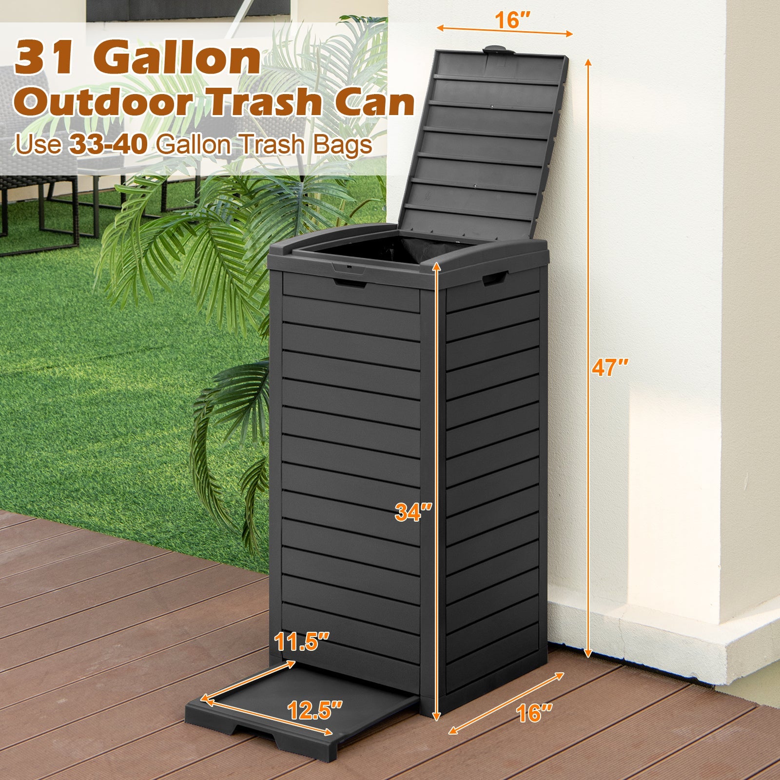 31 Gallon Large Outdoor Trash Can with Lid and Pull