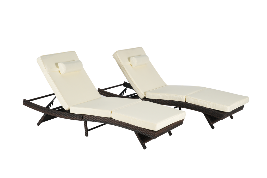 Outdoor Reclining Lounge Chair Wicker Khaki Set of 2 150 Degree 600 LB