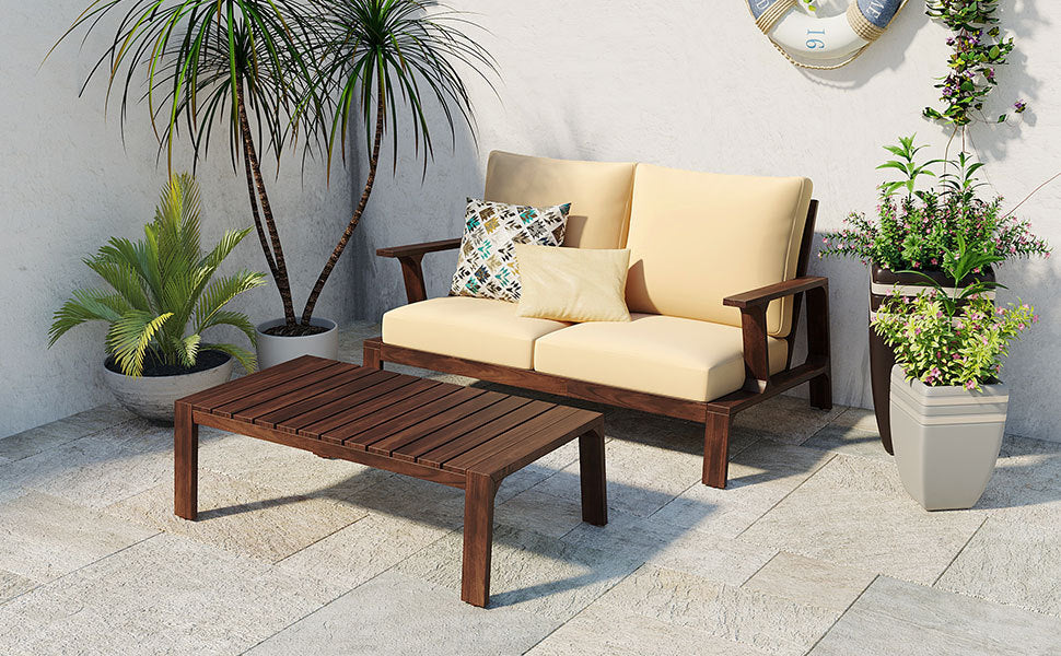 Outdoor Sofa Set Acacia Wood Dark Brown Beige Cushion 2 Piece Table