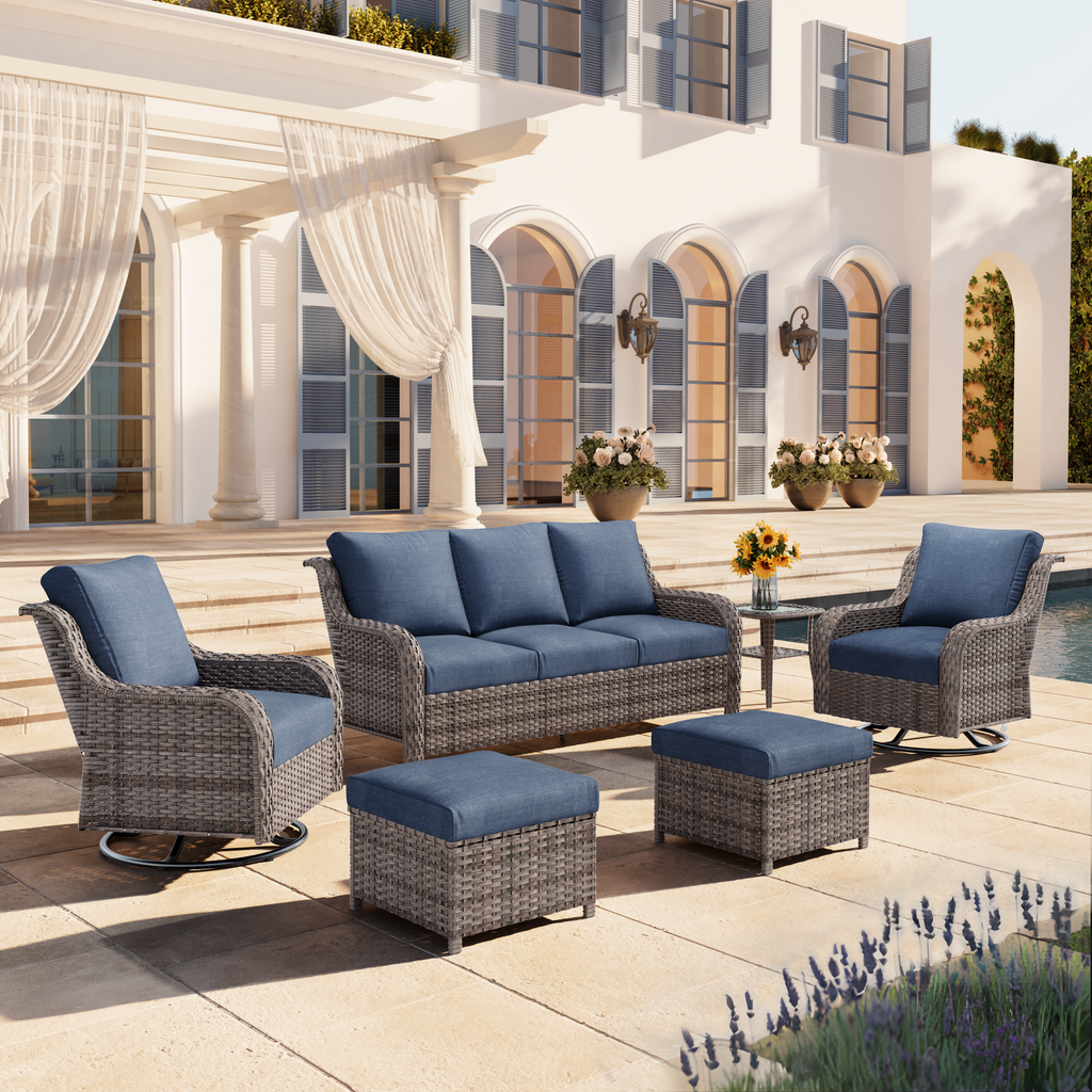 Outdoor Patio Set PE Rattan 6-Piece Sofa Swivel Rockers Gray