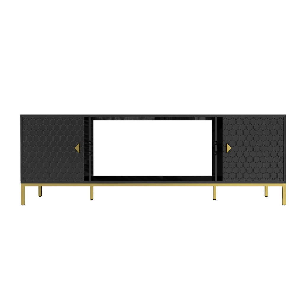 TV Stand Fireplace Space MDF Black Honeycomb Door Gold Legs 80 LB 70 In