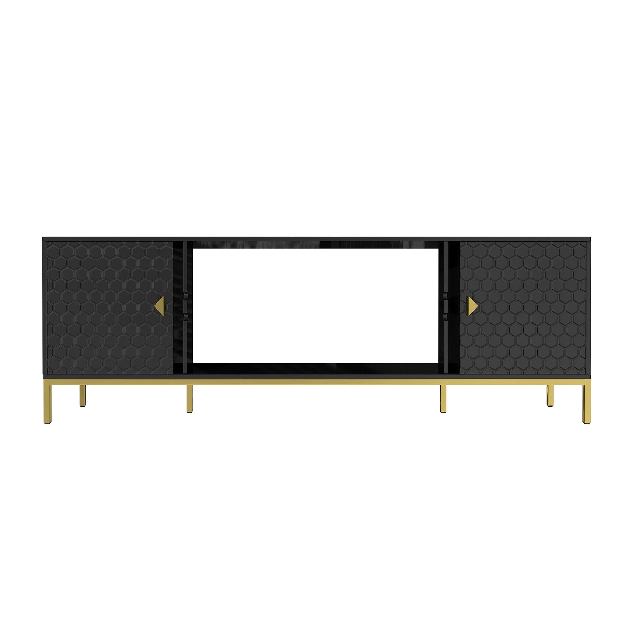 TV Stand Fireplace Space MDF Black Honeycomb Door Gold Legs 80 LB 70 In