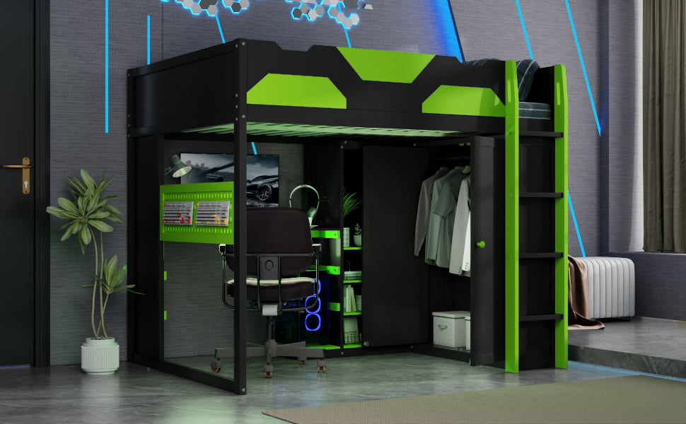 Full Size Wood Loft Bed with Desk, Multi-storage Shelves,USB and RGB Light,Green
