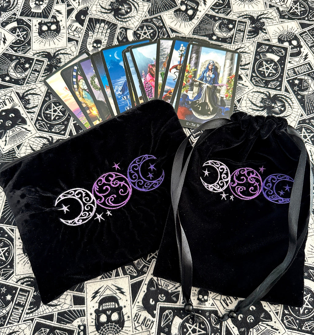 Witchy Triple Moon Embroidered Velvet Tarot Bag With Zipper & Satin Lining