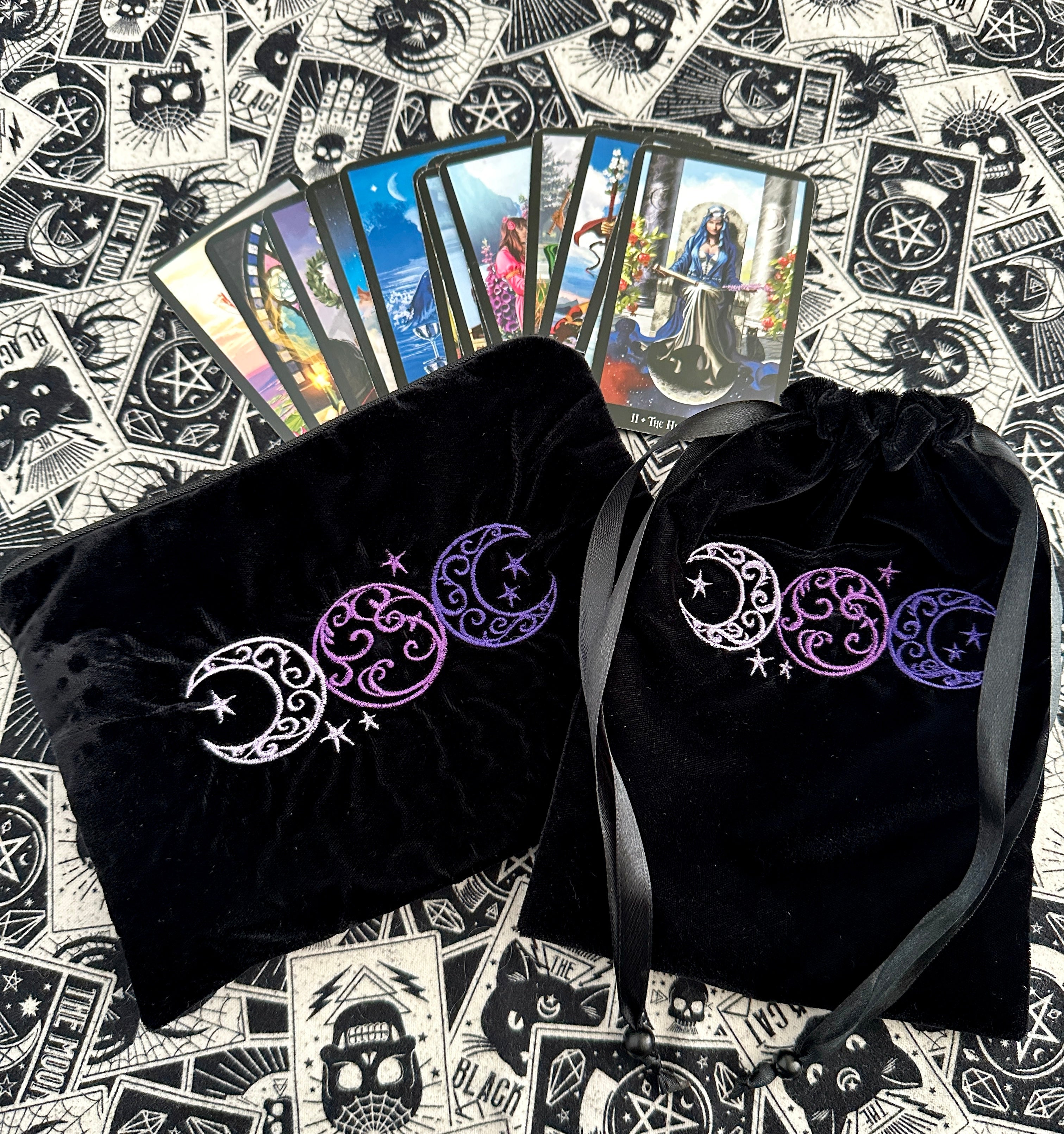 Witchy Triple Moon Embroidered Velvet Tarot Bag With Zipper & Satin Lining