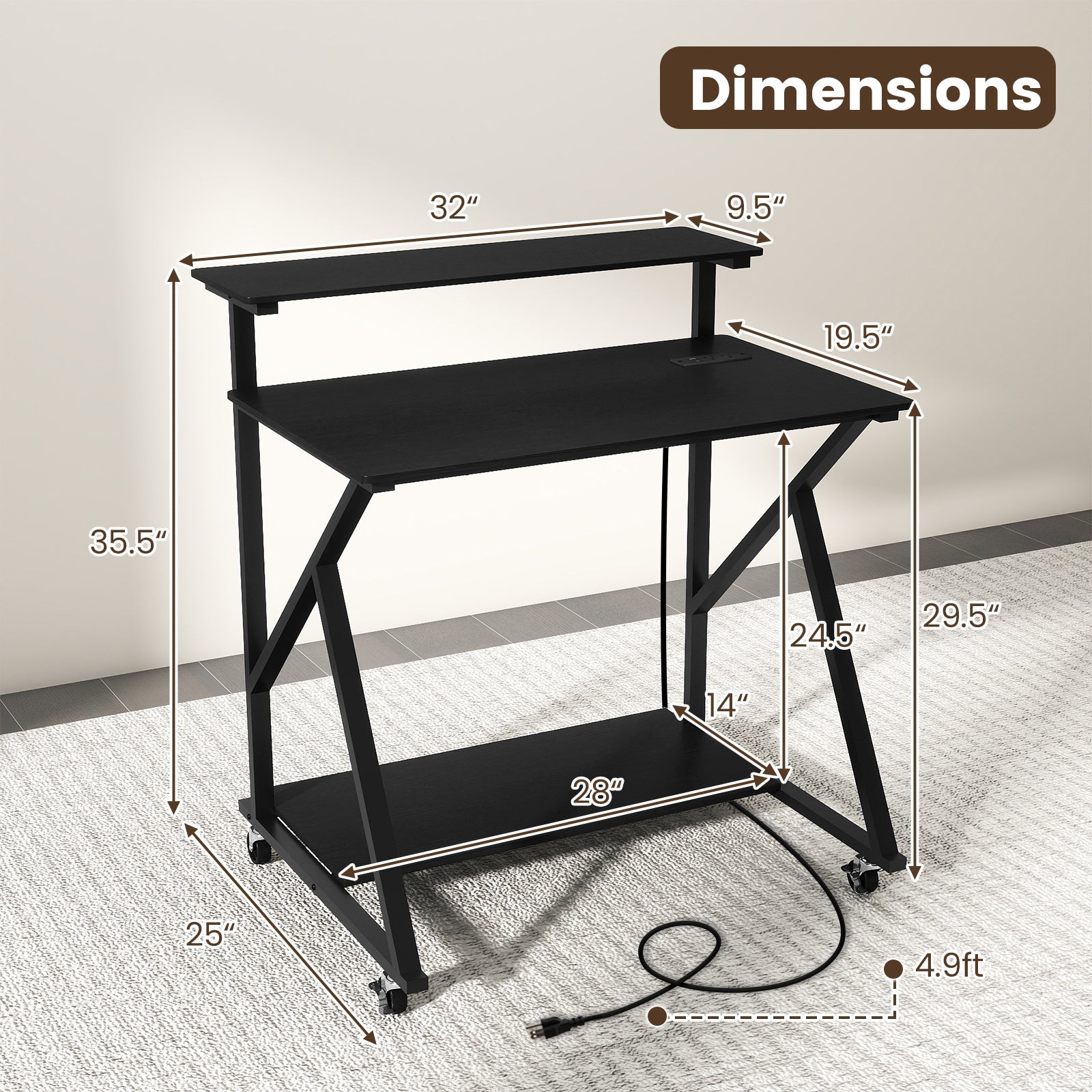 32 Inch Rolling Computer Desk for Small Spaces with Power Outlets
