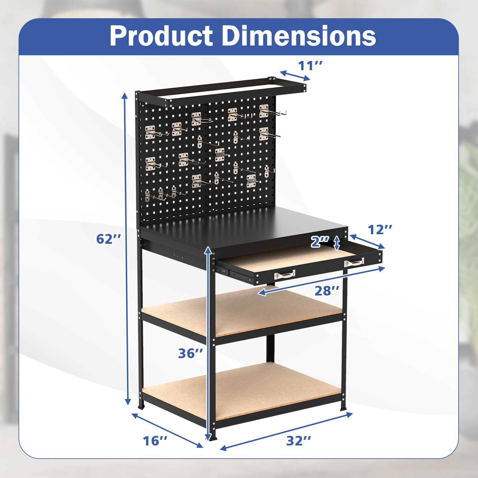 32 x 16 Inch Workbench Work Table with 2 PCs Pegboard Drawer and Shelves