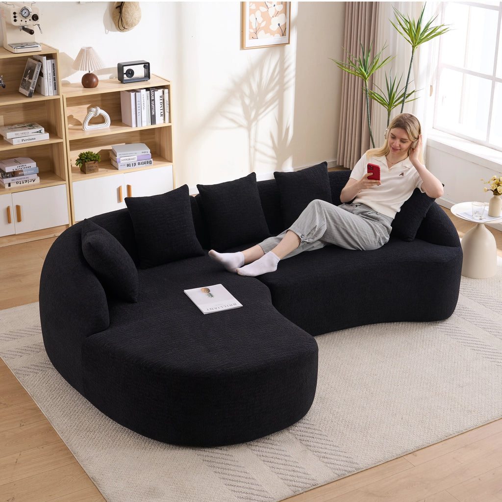 Sectional Sofa L-Shape Curved Chaise Chenille Black 5 Seat 106 In