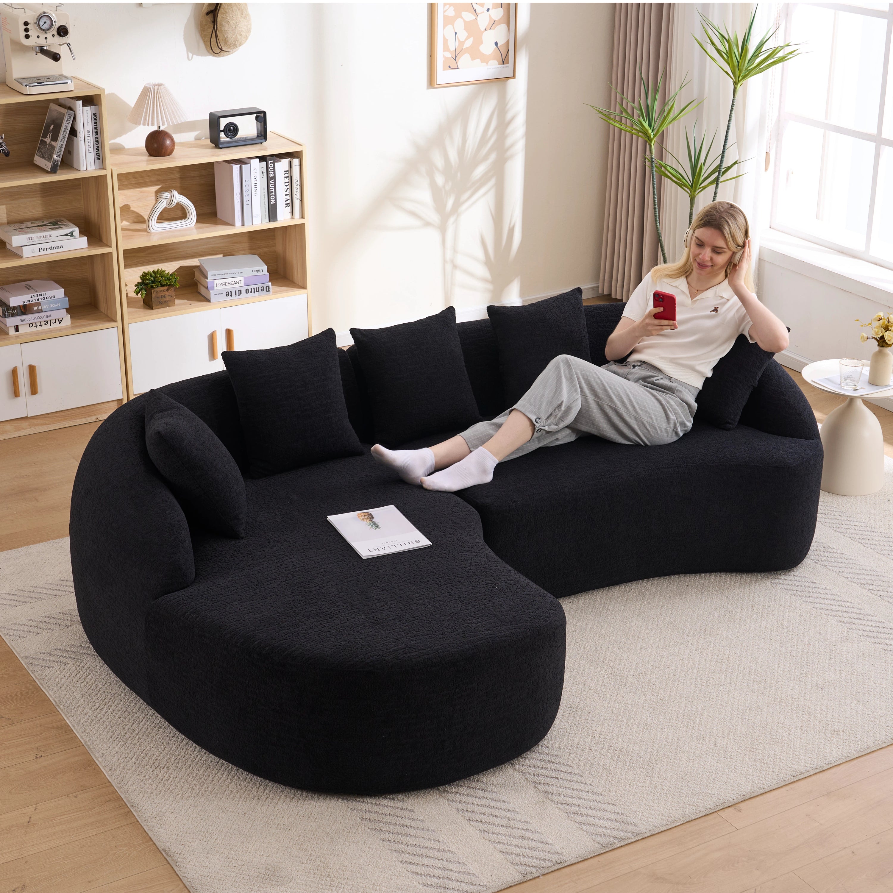 Sectional Sofa L-Shape Curved Chaise Chenille Black 5 Seat 106 In