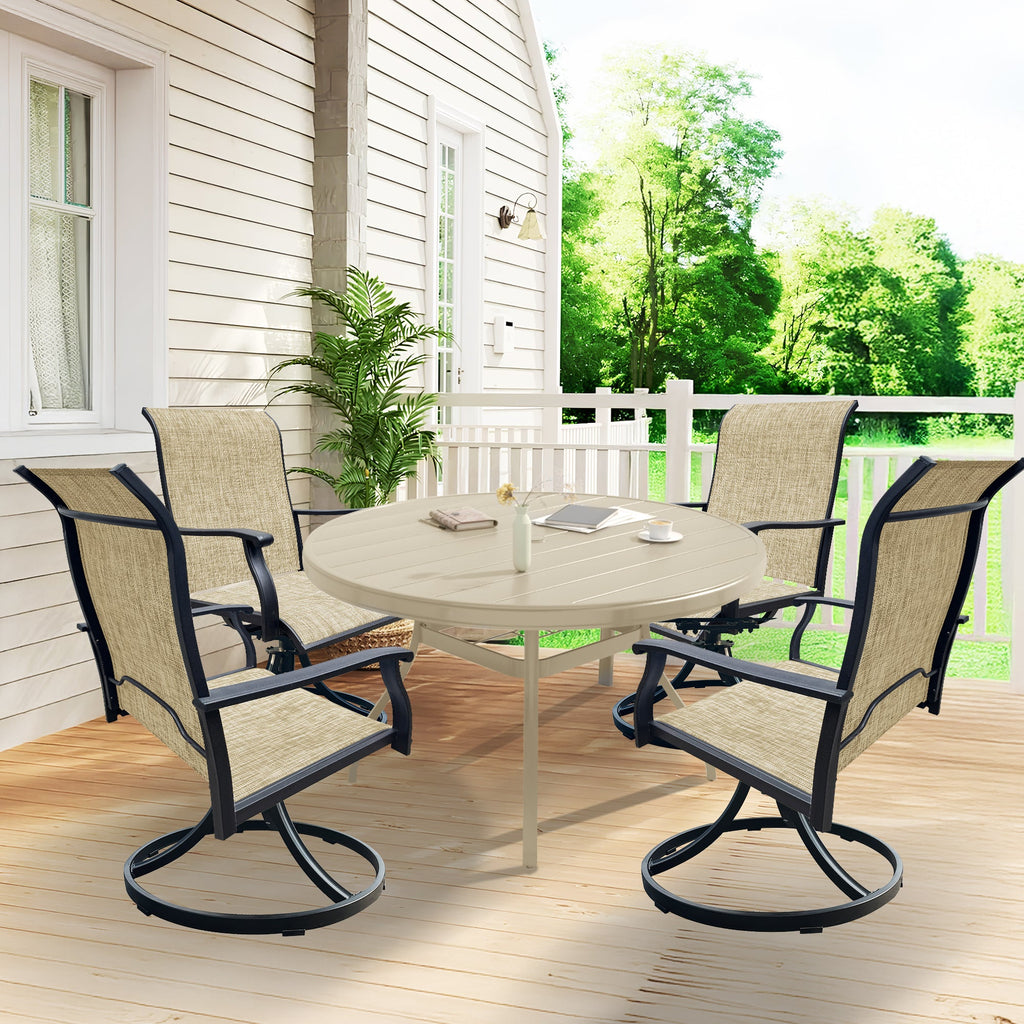 Outdoor Dining Set Round Table Umbrella Hole 4 Swivel Chairs Steel