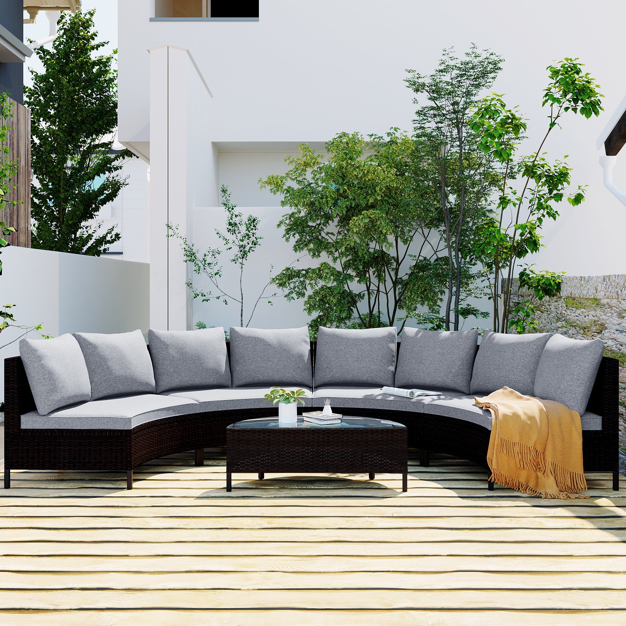 Outdoor Sectional Set PE Rattan Steel Gray Half Moon 5 Piece 350 LB