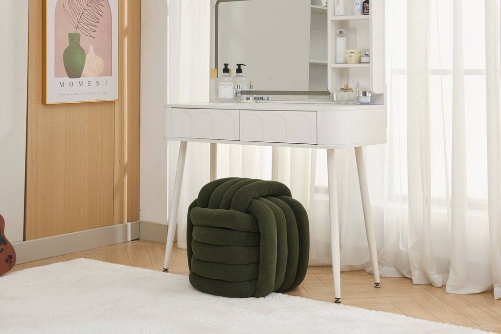 Chenille Knot Design Ottoman Makeup Stool Footstool, Green