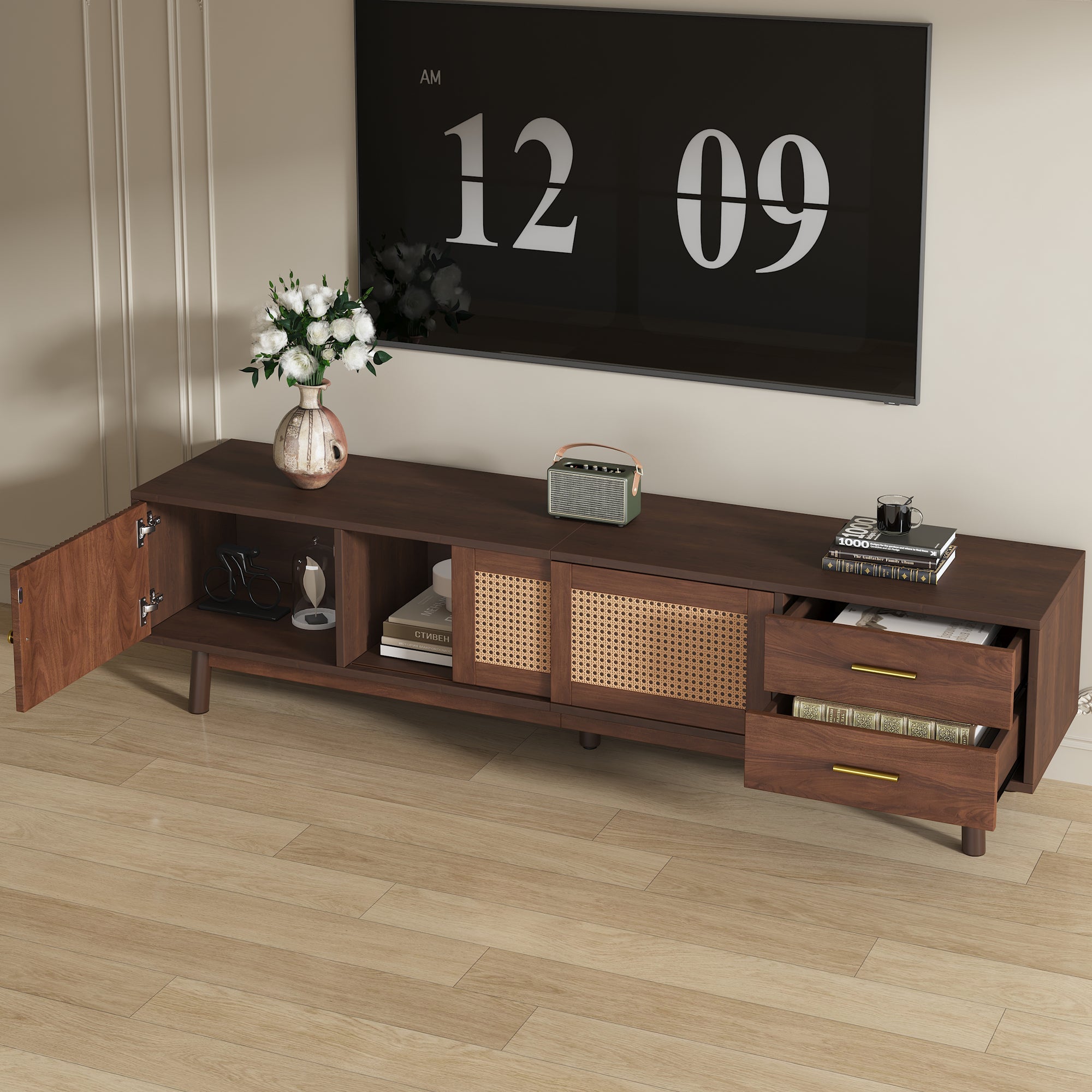 TV Stand Mid-Century Dark Brown Solid Wood Rattan Sliding Door Fits 80 In TV