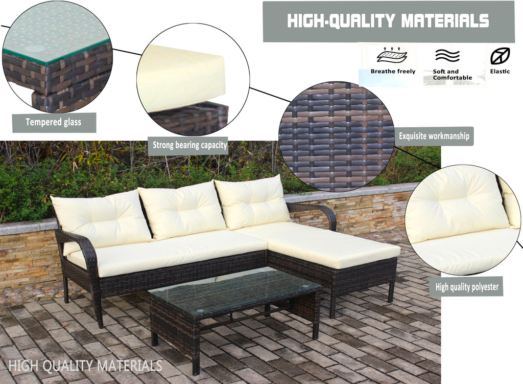 Outdoor Sectional Set PE Rattan Steel Brown Beige Cushion 3 Piece 560 LB