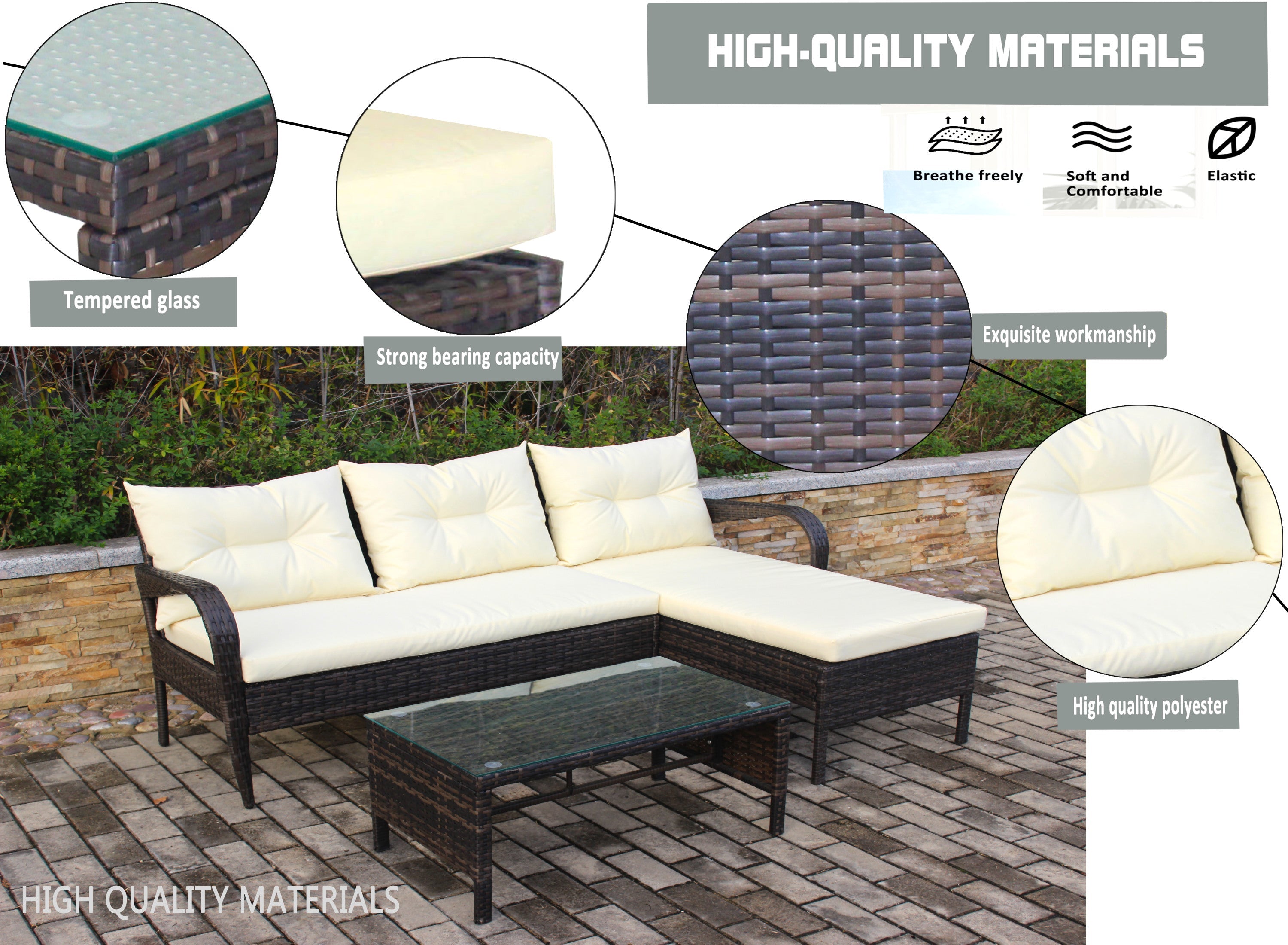 Outdoor Sectional Set PE Rattan Steel Brown Beige Cushion 3 Piece 560 LB