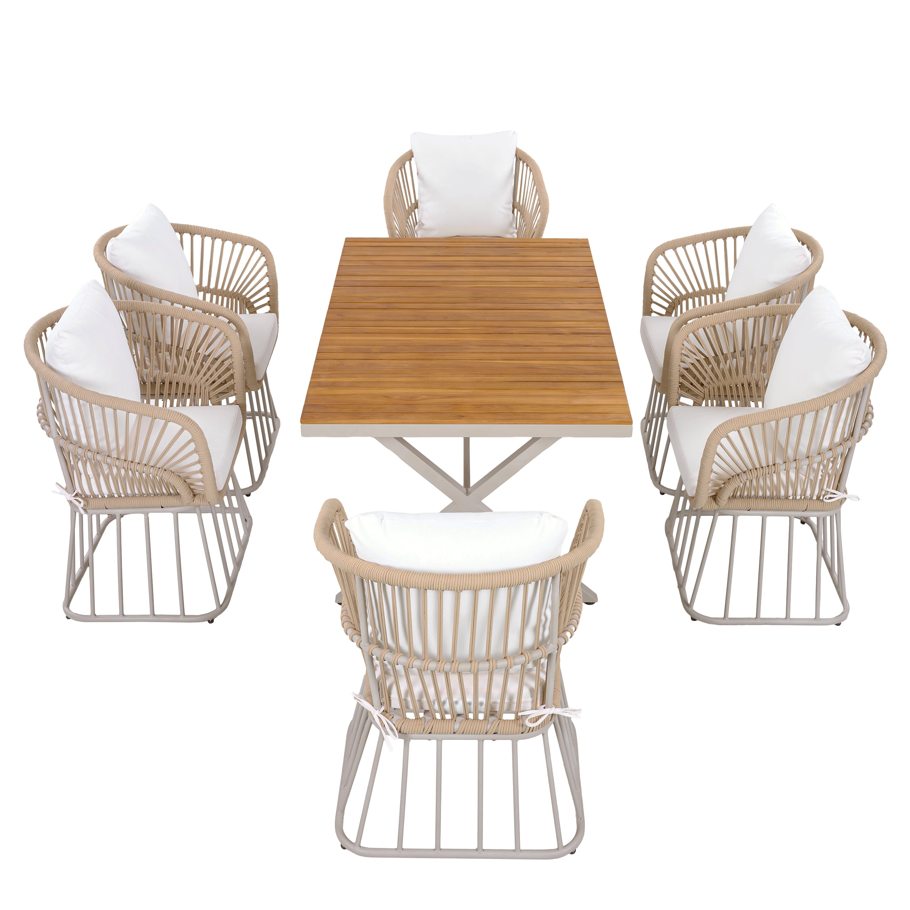 Outdoor Dining Set Teak Table Wicker Chairs Beige 7 Piece Seats 6