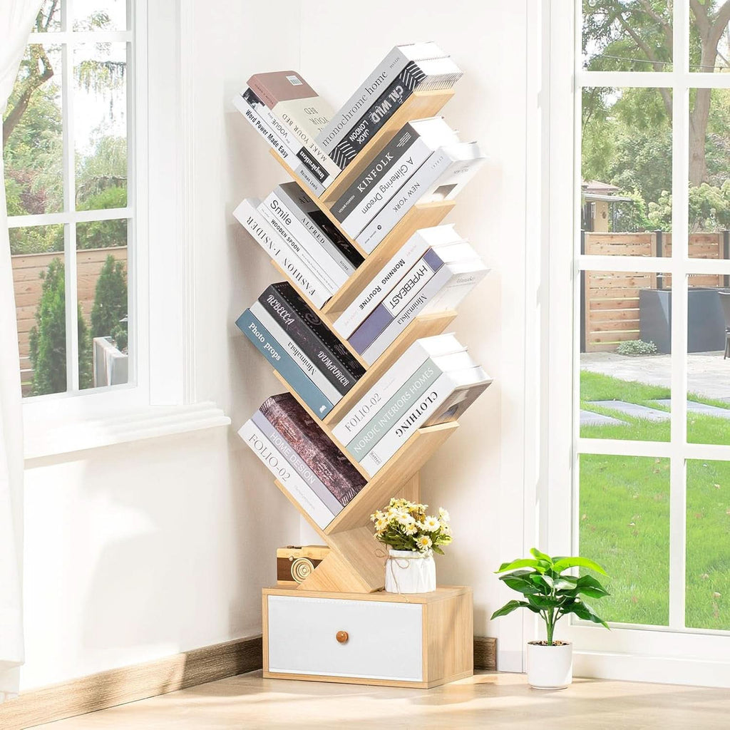 8 Tier Tree Bookshelf With Drawer Natural Wood Bookcase