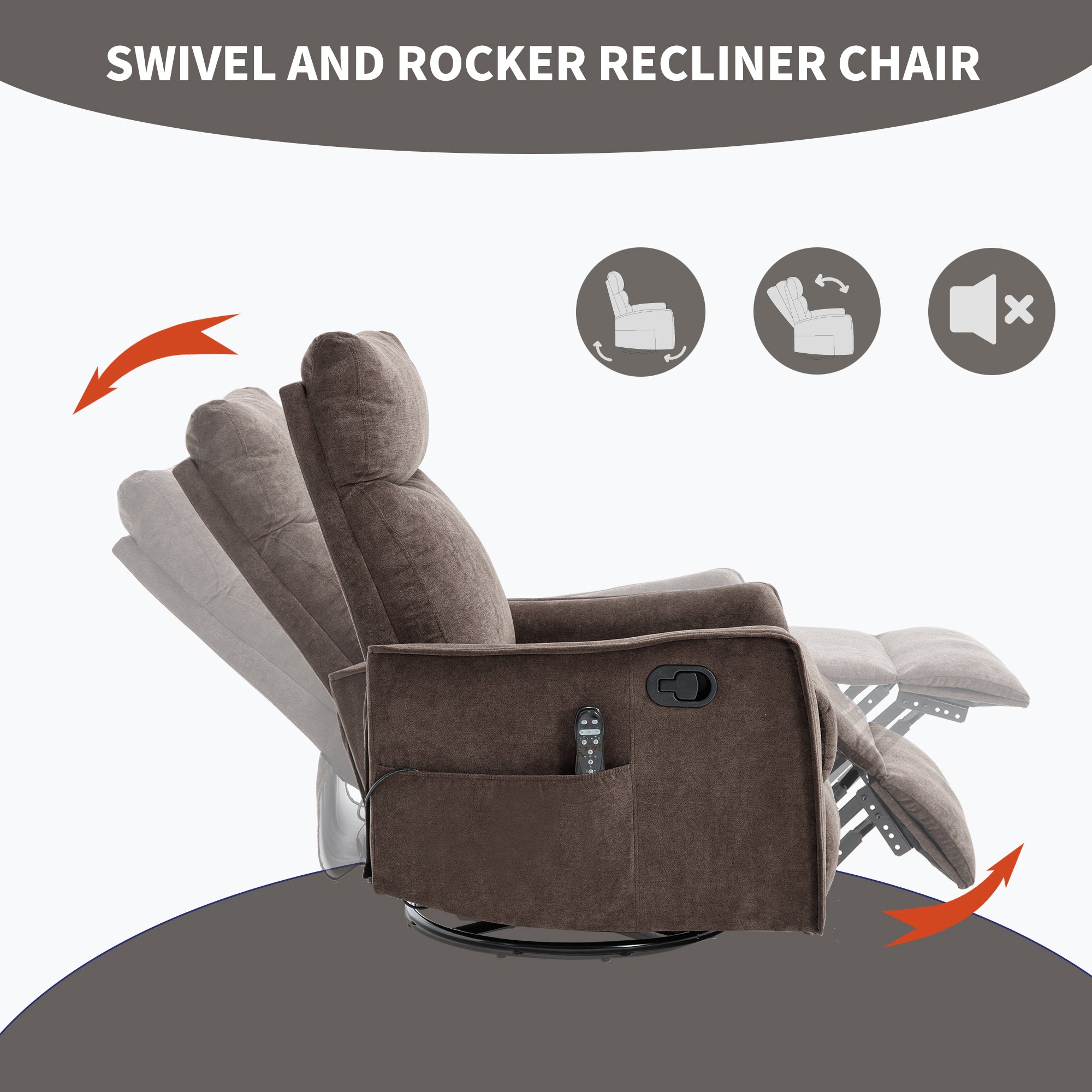 Recliner Chair Swivel Rocker Polyester Brown 360 Degree Heat Massage 155