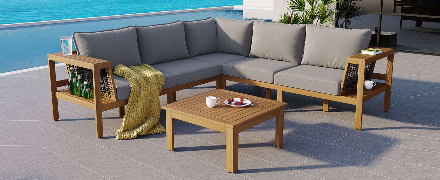 Outdoor Sofa Set Acacia Wood Rope Gray Cushion 4 Piece L-Shape Seats 6