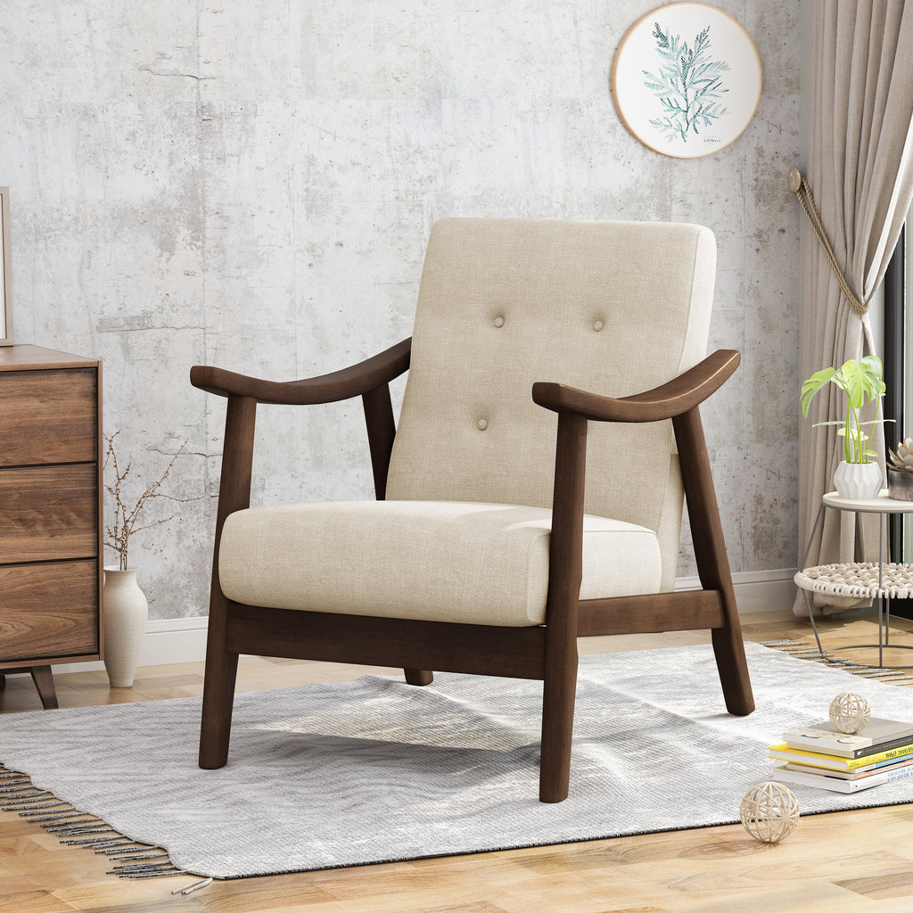 Accent Chair Mid-Century Tufted Beige Rubberwood Bent Arms 25x32x32 In