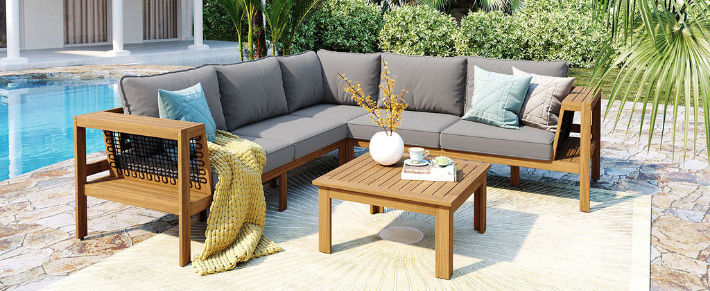 Outdoor Sofa Set Acacia Wood Rope Gray Cushion 4 Piece L-Shape Seats 6