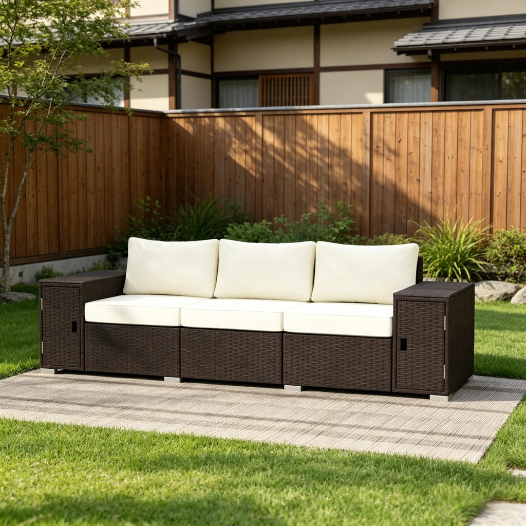 Outdoor Sofa Set Wicker Cream Brown 3 Seat Storage Armrests 794 lb Cap