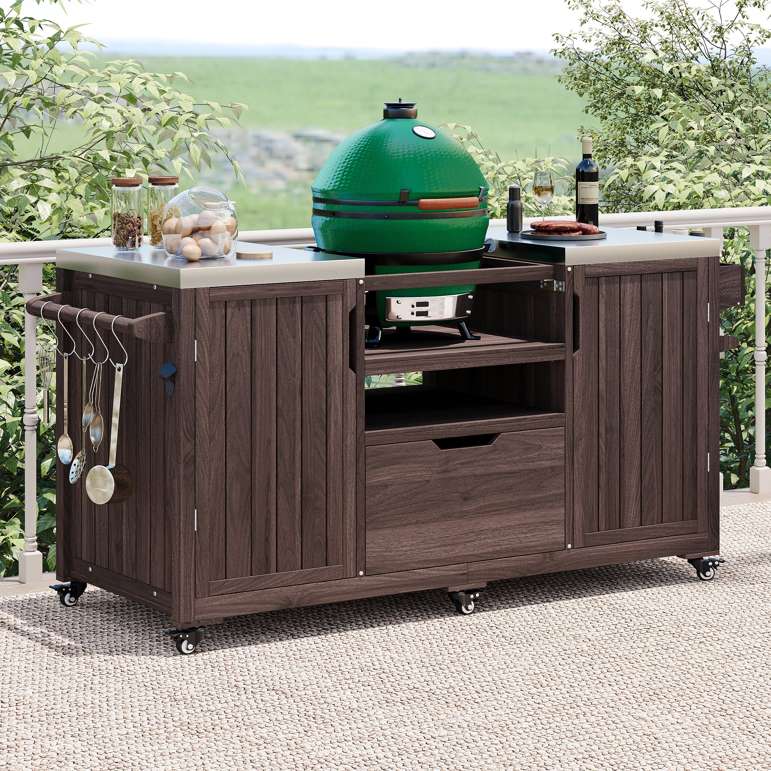Outdoor Kitchen Island Grill Cart Fir Wood Stainless Steel 66.5
