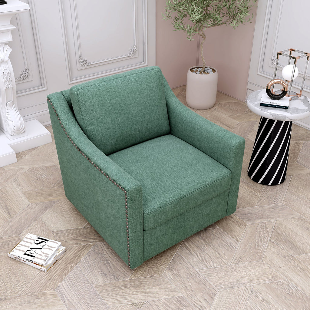 Accent Chair Swivel 360 Degree Linen Blackish Green Brass Nailheads 300 LB