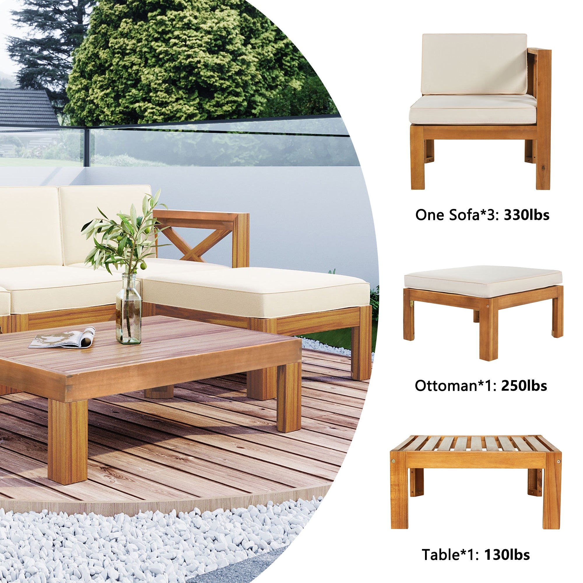 Outdoor Patio Sectional Set Acacia Wood Natural Beige Cushions 5 Piece