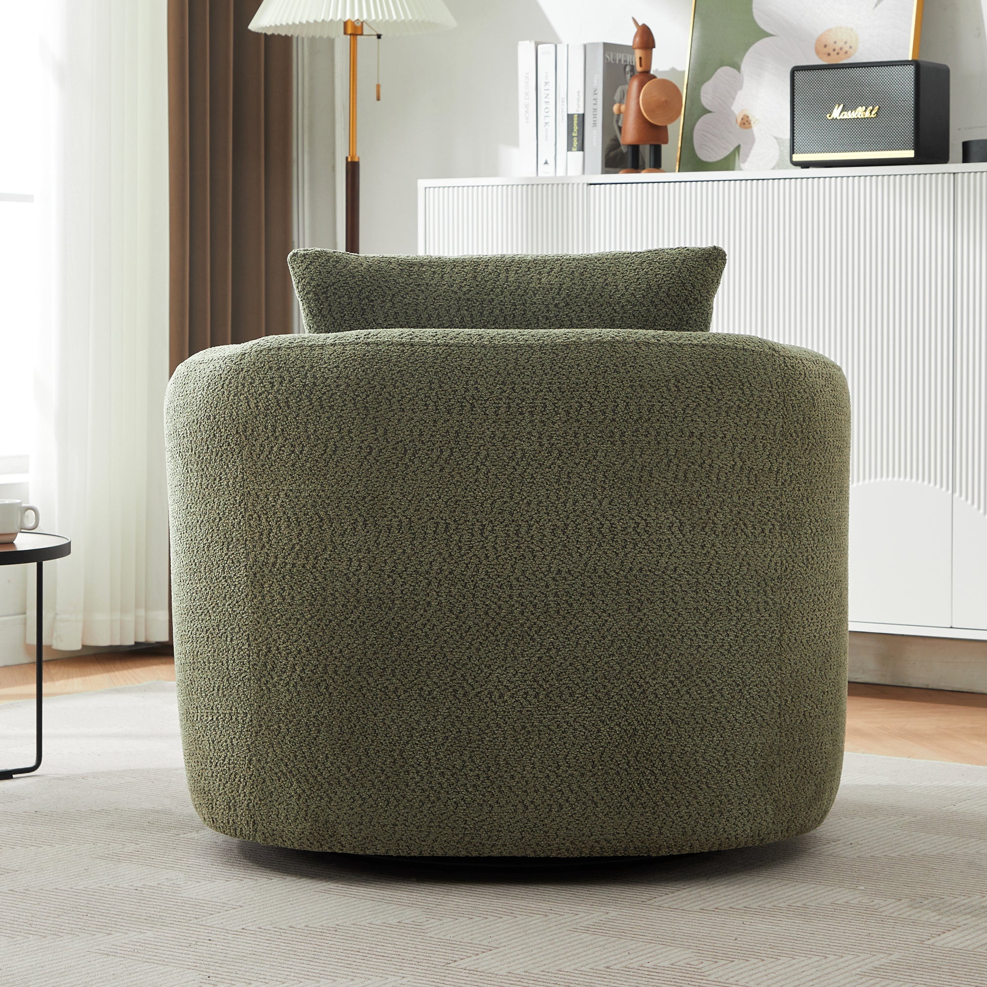 Accent Chair Swivel Barrel Chenille Green 360 Degree Pocket Spring 38 In