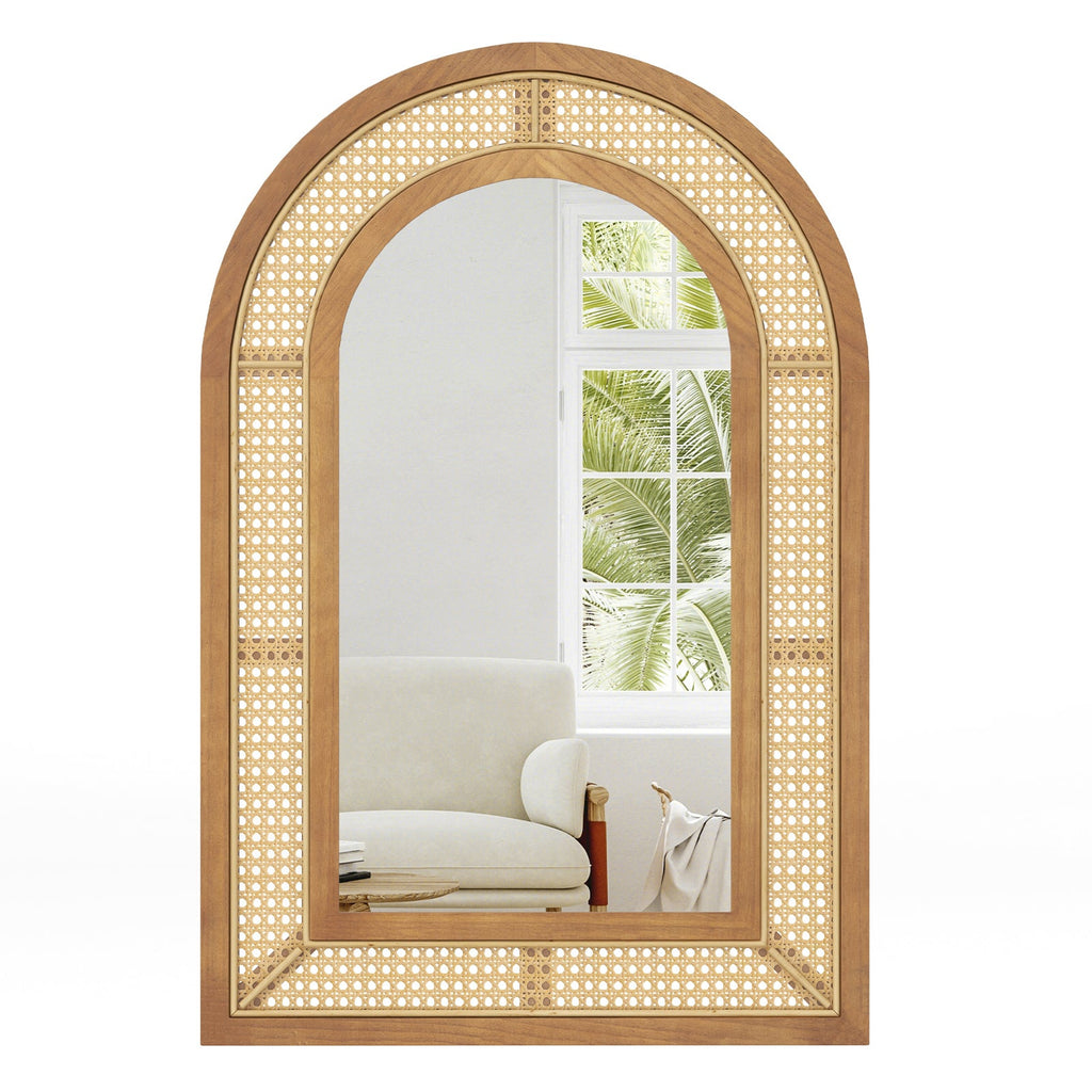 35.5 Inches x 23.5 Inches Rattan Wall Mounted Decorative Mirror with Wooden Frame-Natural