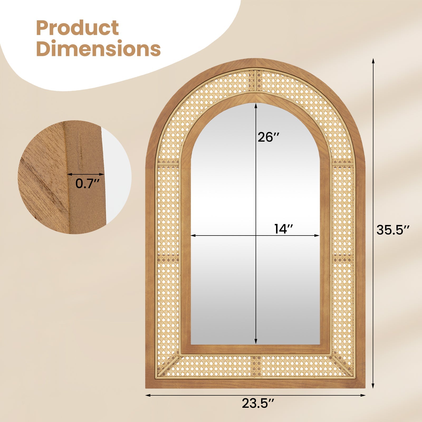 35.5 Inches x 23.5 Inches Rattan Wall Mounted Decorative Mirror with Wooden Frame-Natural