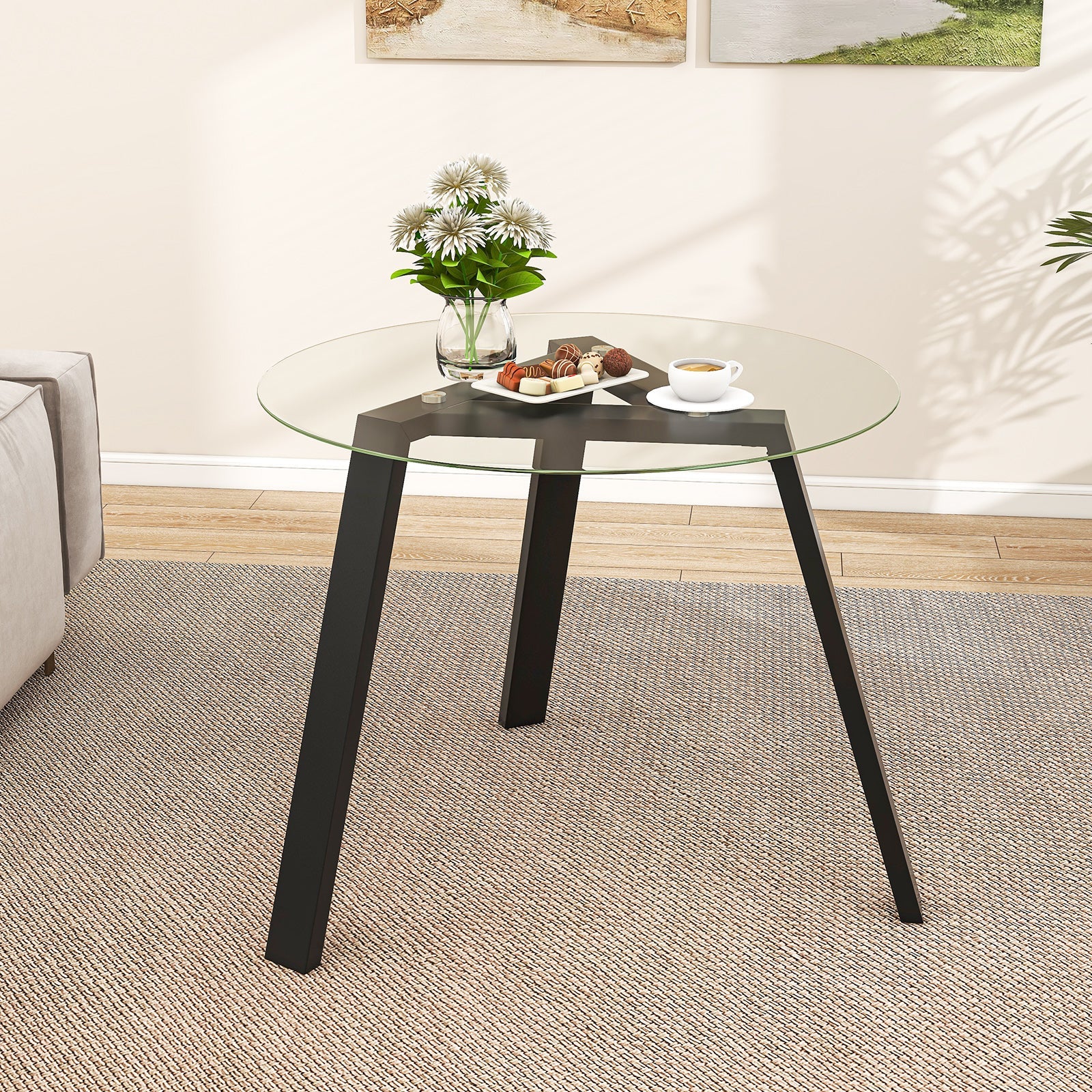 36 Inches Round Glass Dining Table for 4 with Rubber Wood Frame