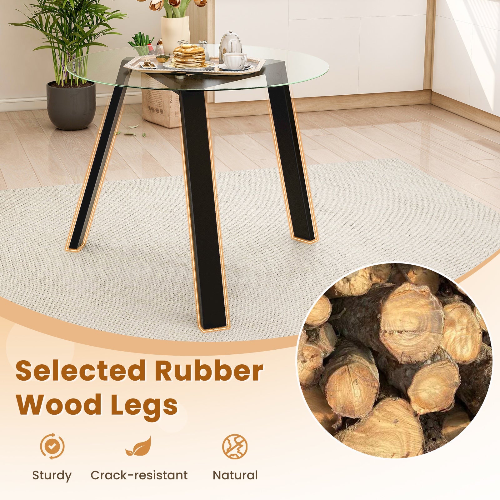 36 Inches Round Glass Dining Table for 4 with Rubber Wood Frame