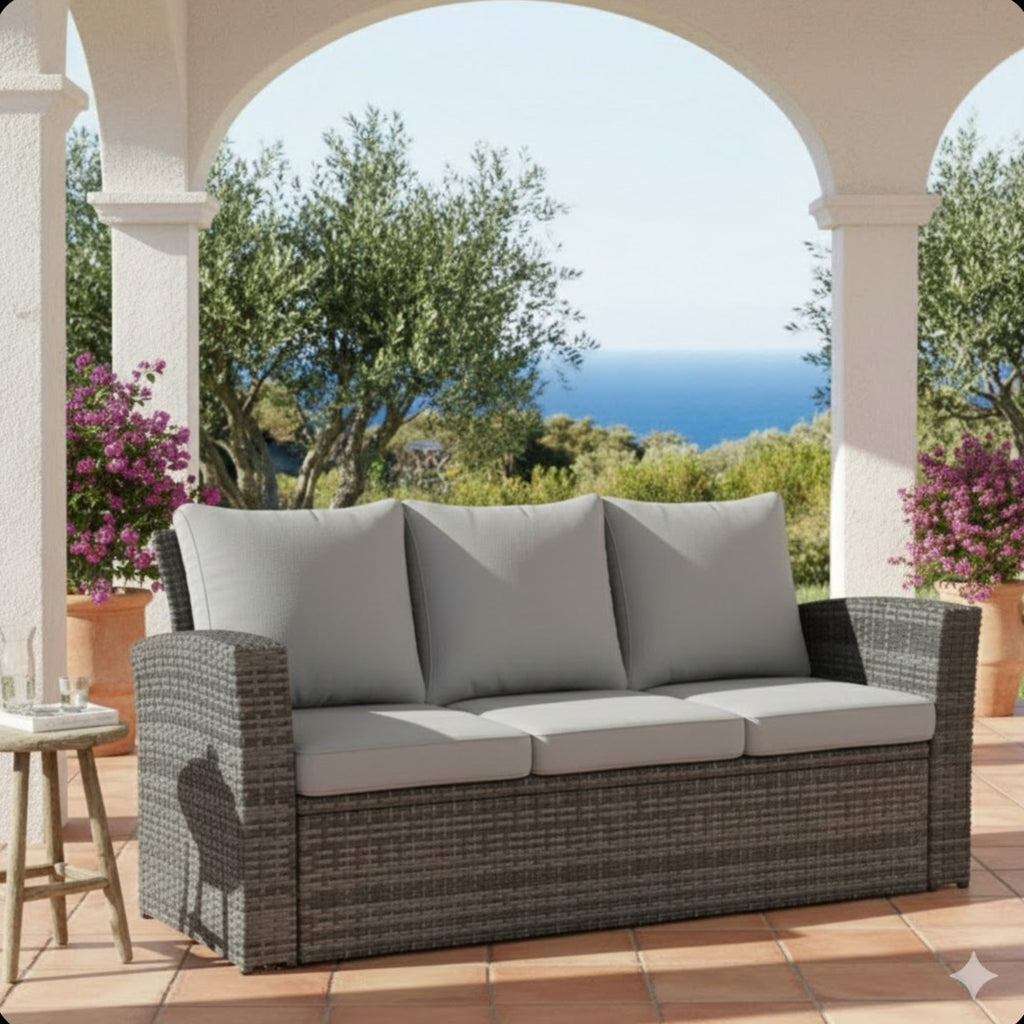 Outdoor Sofa PE Rattan 3 Seat Gray Cushions Black Iron Frame 68in