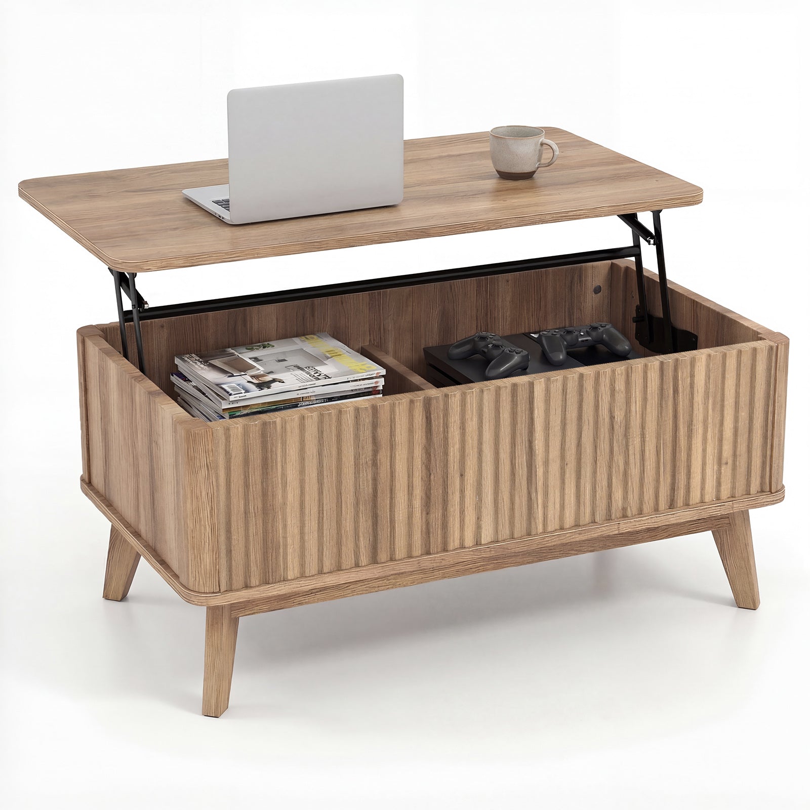 35.5" Rectangle Wooden Fluted Lift Top Coffee Table-Walnut