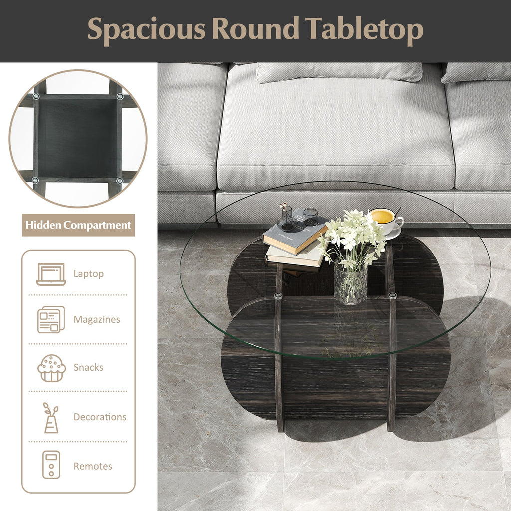 35" Round Coffee Table Unique Circle Center Table with Tempered Glass Top and Solid Wood Base-Black