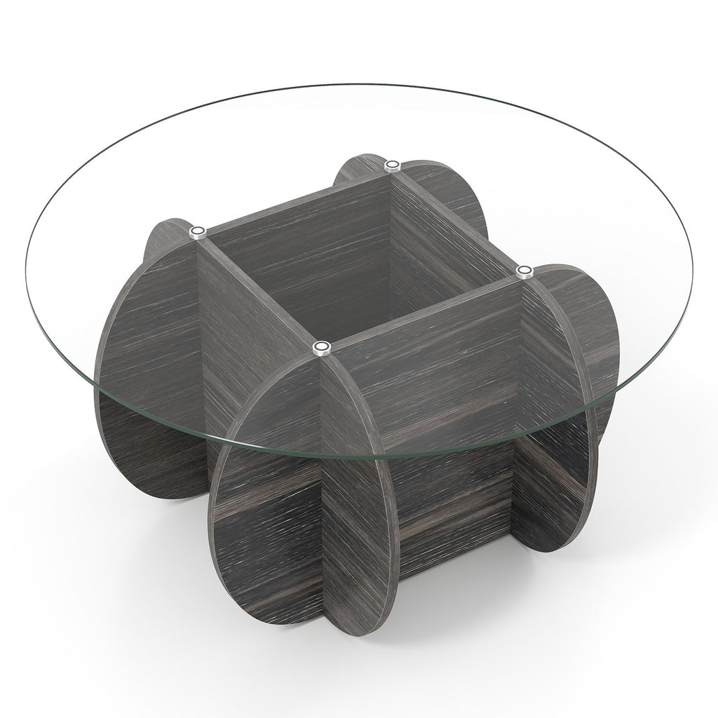 35" Round Coffee Table Unique Circle Center Table with Tempered Glass Top and Solid Wood Base-Black