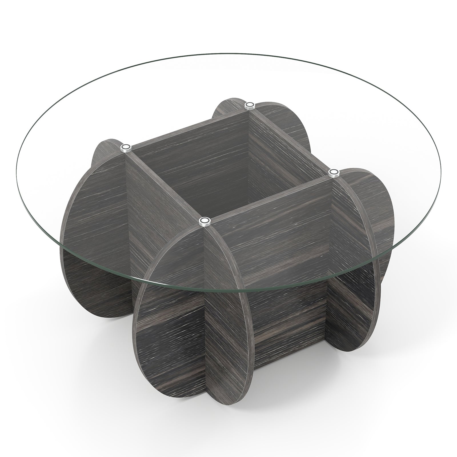 35" Round Coffee Table Unique Circle Center Table with Tempered Glass Top and Solid Wood Base-Black