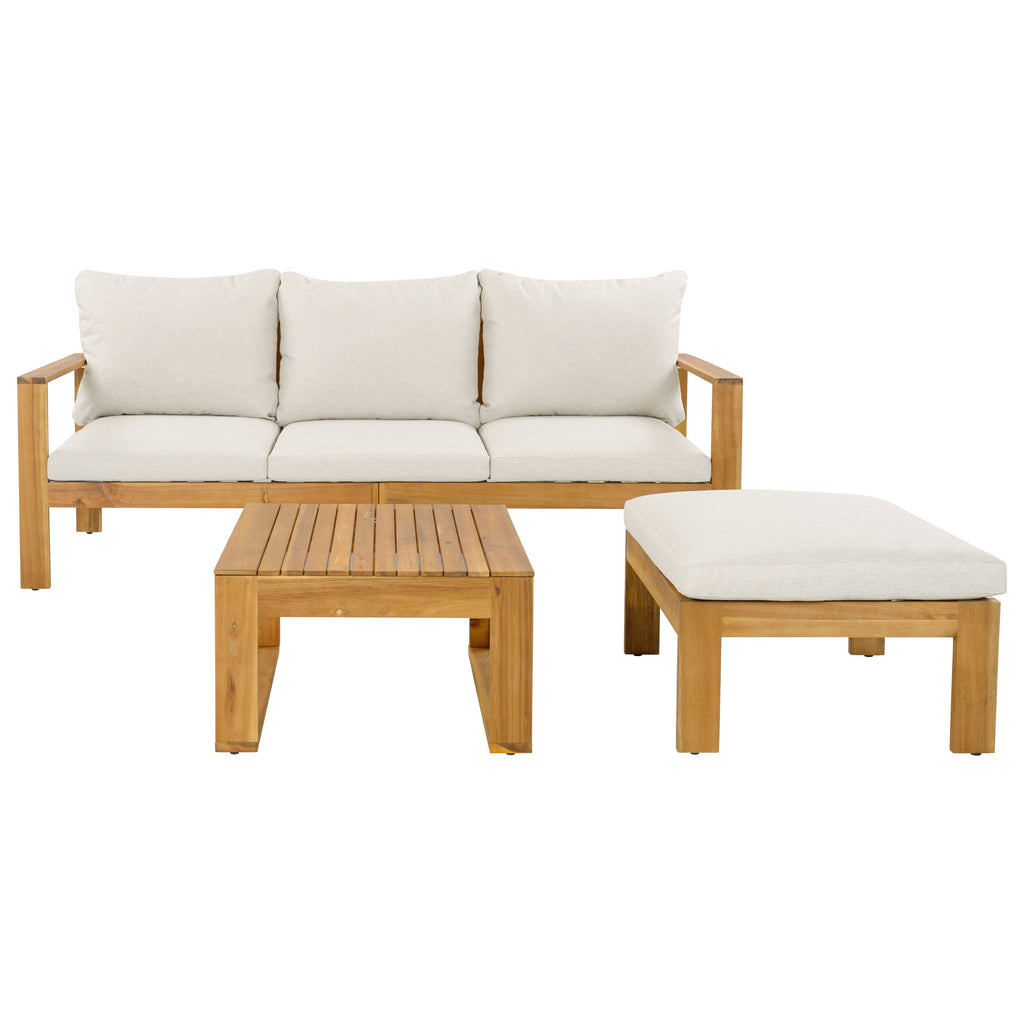 Outdoor Patio Set Acacia Wood Teak Beige Gray 3 Piece Sofa Ottoman