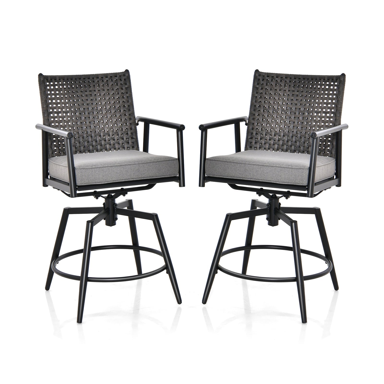 360 Degree Swivel Bar Stool Set of 2 with Metal Frame and PE Rattan Backrest-Black