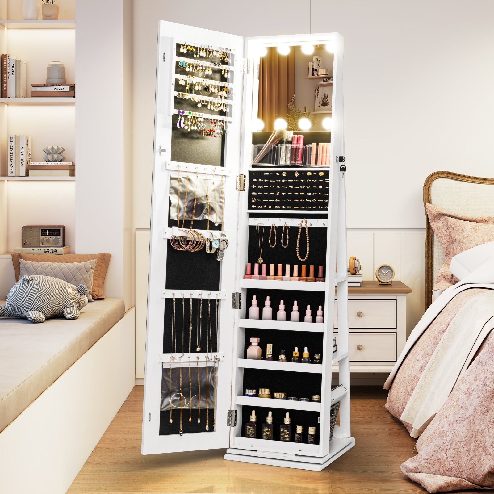 360¬∞ Swivel Freestanding Jewelry Cabinet with Lighted Full Length Mirror
