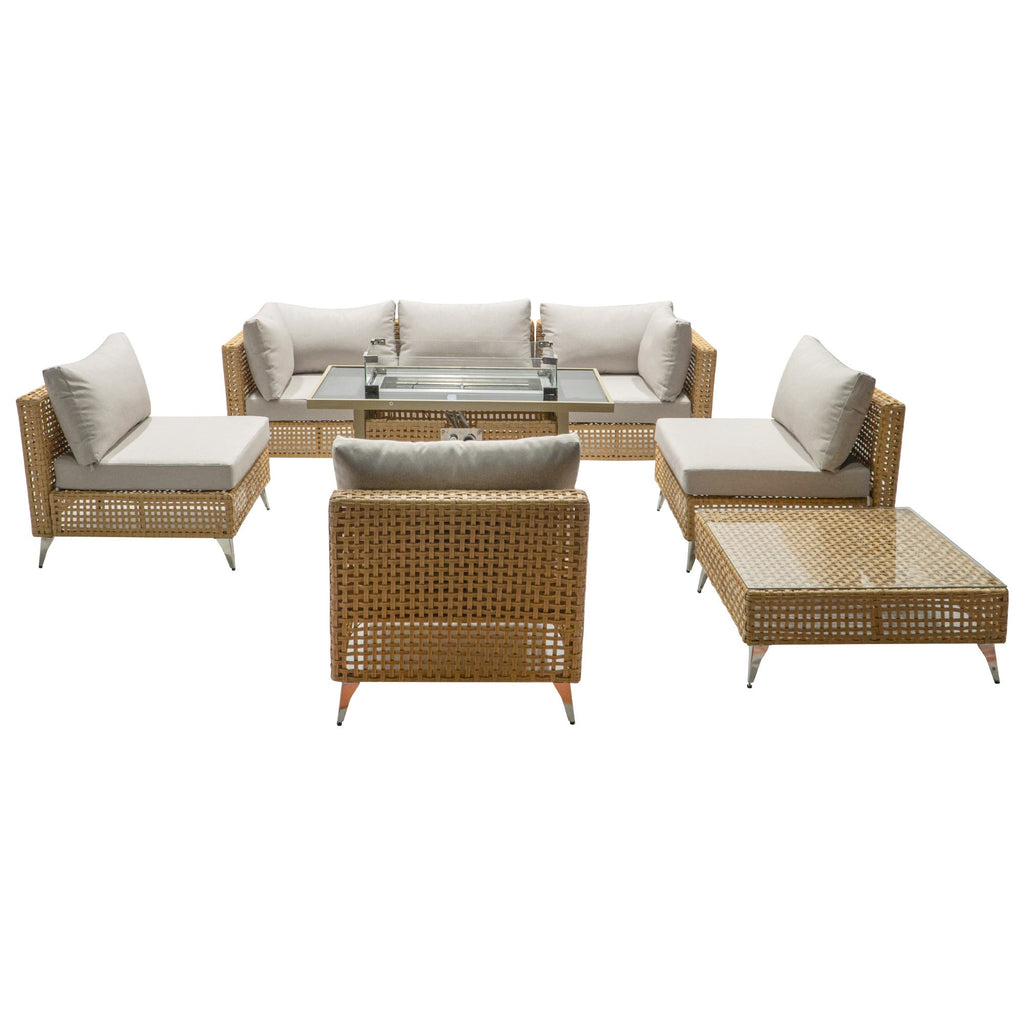 Outdoor Patio Set with Fire Pit Table Rattan Metal Beige 8 Piece