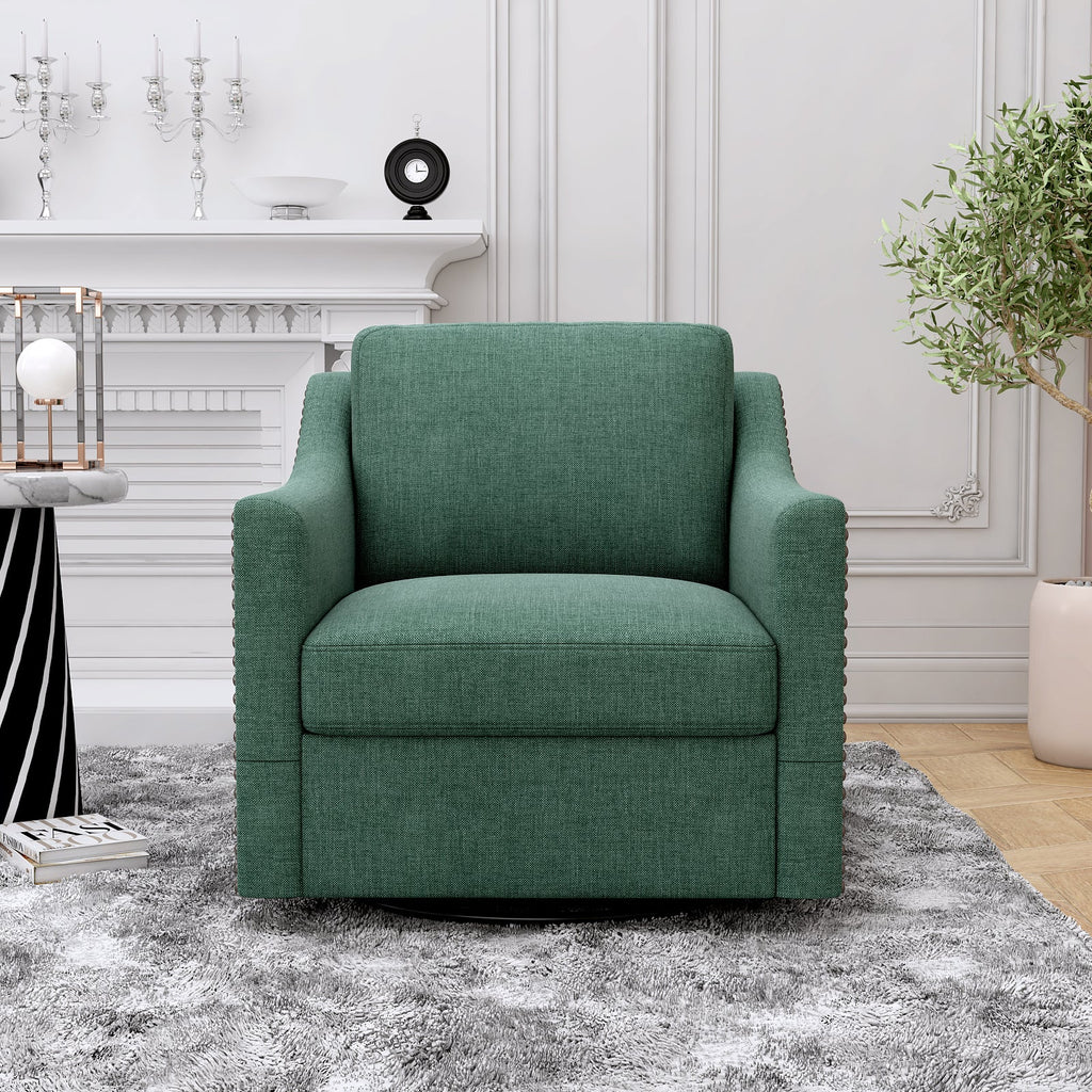 Accent Chair Swivel 360 Degree Linen Blackish Green Brass Nailheads 300 LB