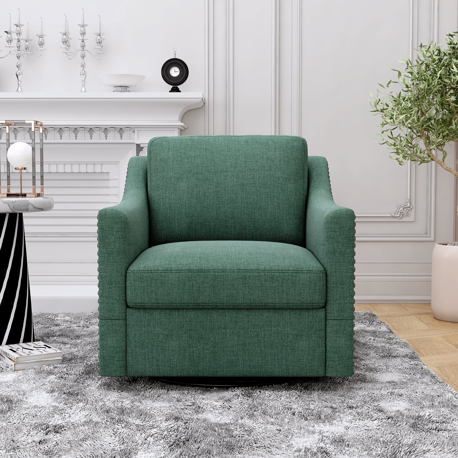 Accent Chair Swivel 360 Degree Linen Blackish Green Brass Nailheads 300 LB
