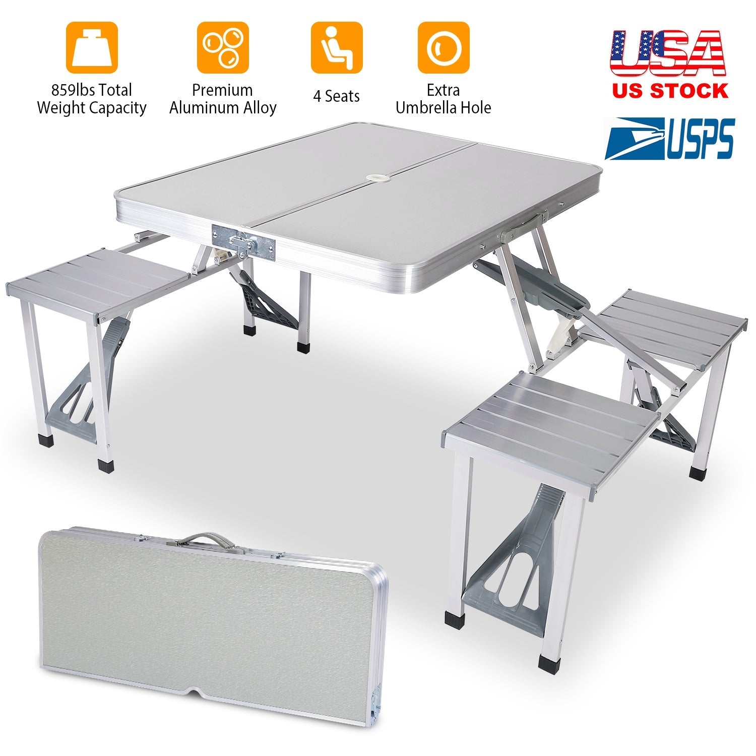Folding Picnic Table w/ 4 Seats Umbrella Hole 33.7x26.4in Portable Aluminum Table Total 859LBS Weight Capacity for Camping Barbeque Outdoor