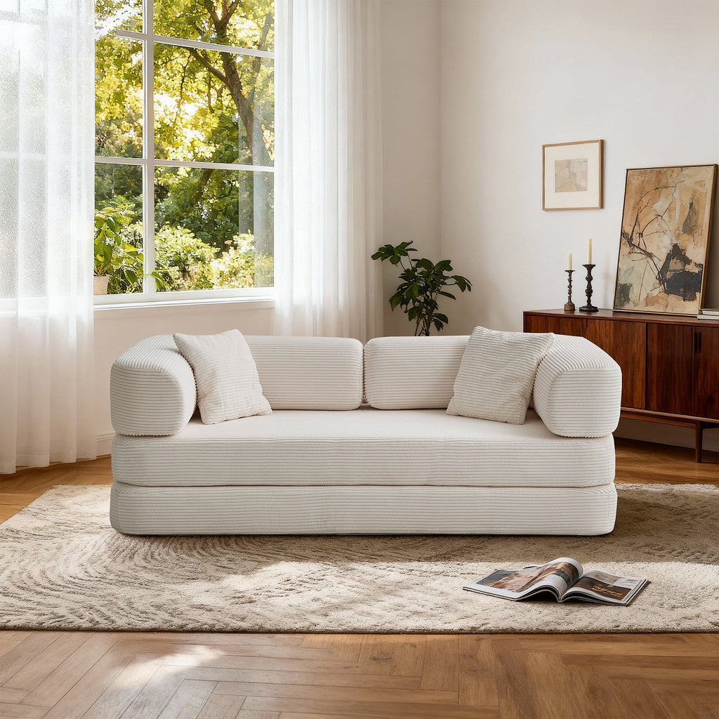 Sofa Floor Low Profile 5-in-1 Corduroy Cream Sleeper with Blanket 74.8 In