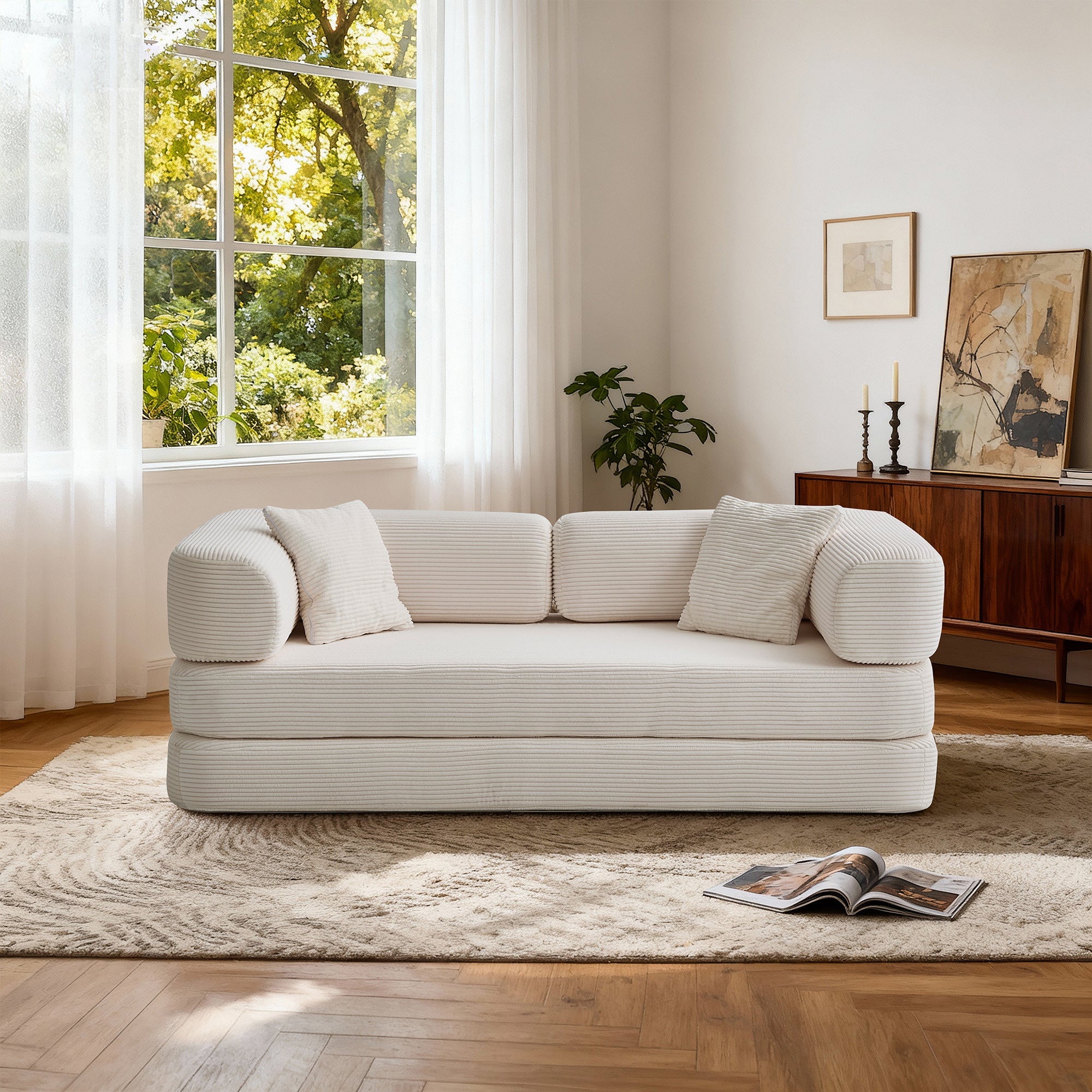 Sofa Floor Low Profile 5-in-1 Corduroy Cream Sleeper with Blanket 74.8 In