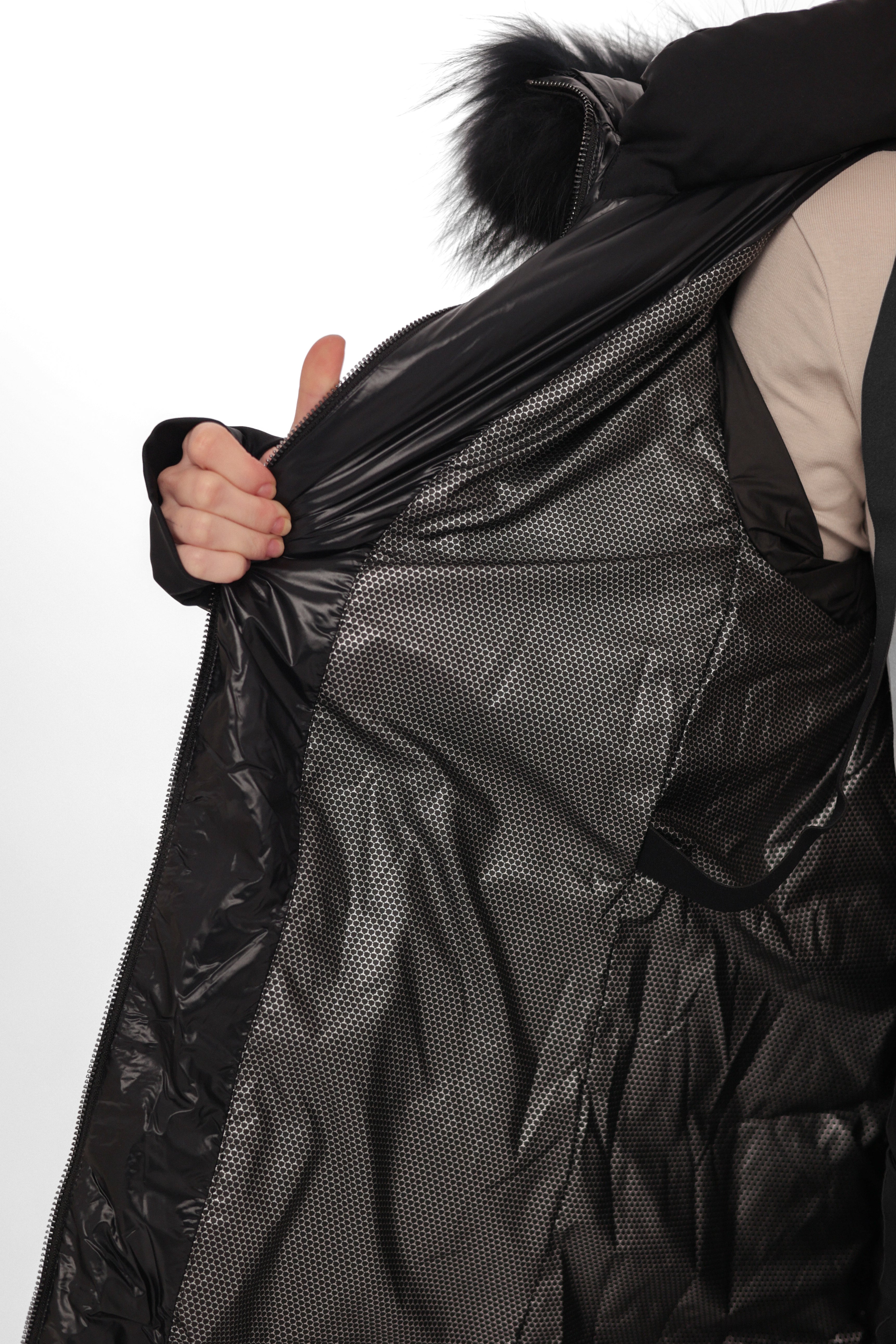 Cyrus Genuine Fur Trim Down Fill Coat in Black