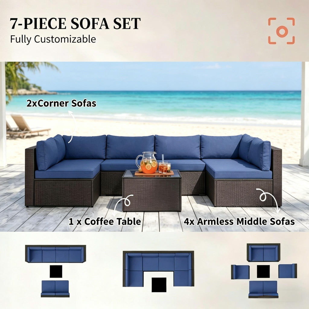 Outdoor Sectional Set PE Rattan Metal Dark Blue Black 7 Piece 264 LB